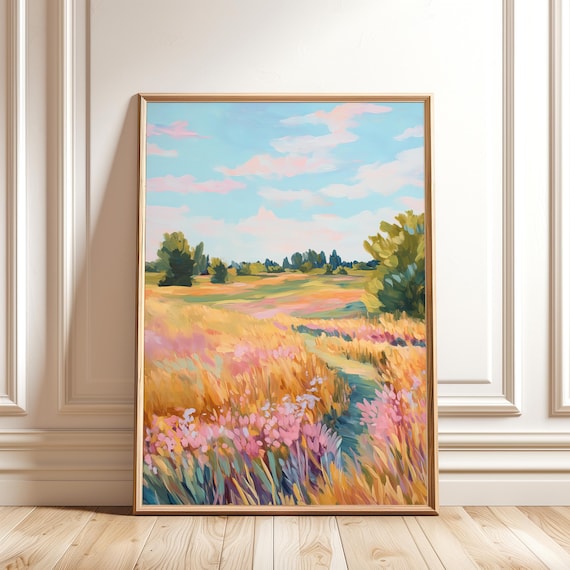 Pastel Field Landscape Painting Wildflowers And Blue Sky Countryside Wall Art Print