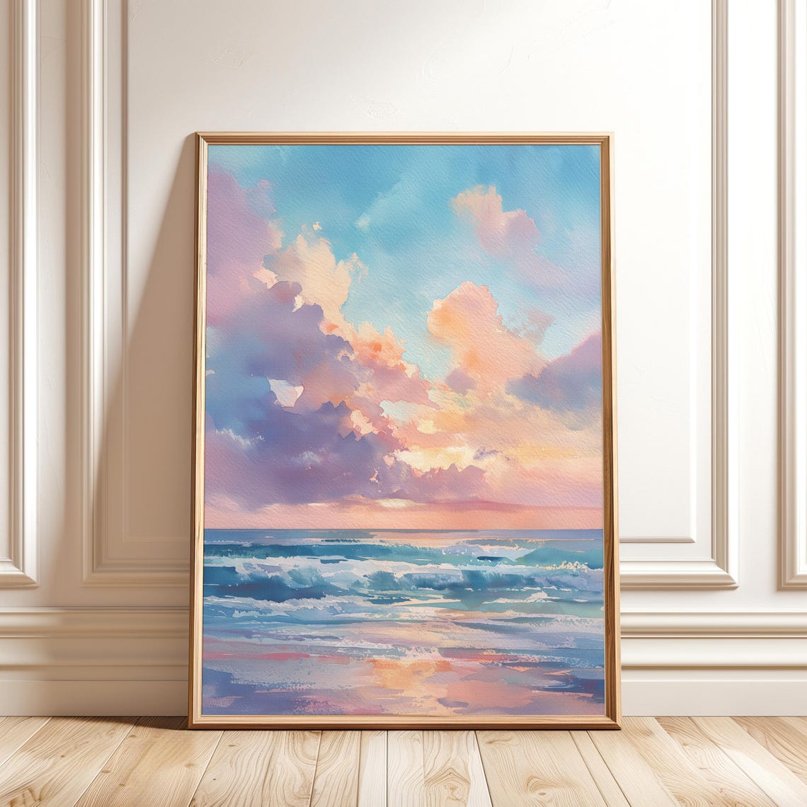 Pastel Pink Sunset Ocean Waves Watercolor Coastal Seascape Poster