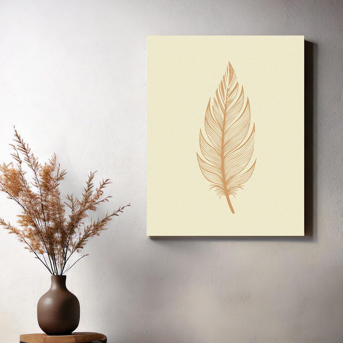Elegant Golden Feather Line Drawing on Warm Cream Neutral Poster - Image 2