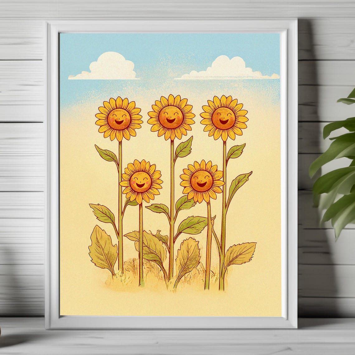 Smiling Sunflowers With Happy Faces Retro Whimsy Garden Poster