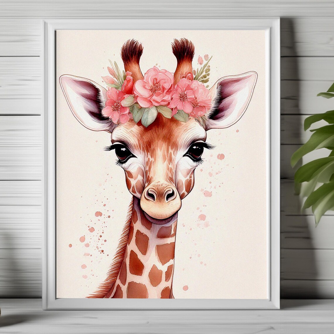 Baby Giraffe With Pink Flower Crown Watercolor Nursery Poster
