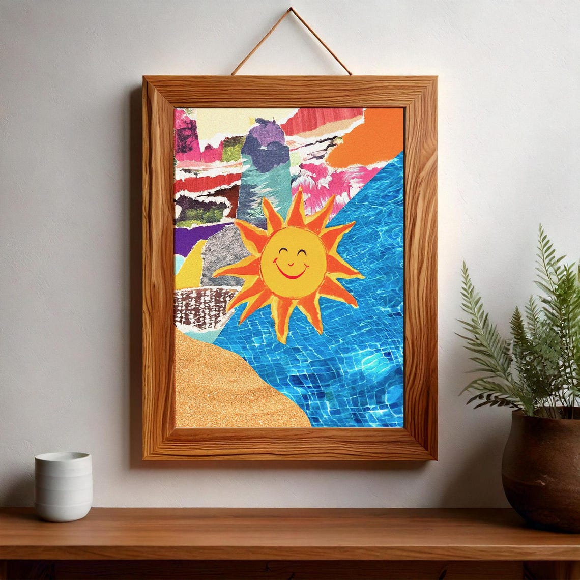 Retro Smiling Sun over Pool Beach Collage Mixed Media Art Poster - Image 2