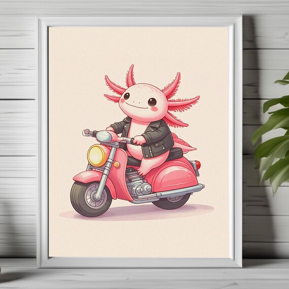 Cute Axolotl in Leather Jacket Riding Pink Scooter Art Poster