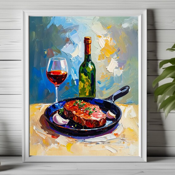 Steak And Red Wine Skillet Still Life Impasto Gourmet Painting Poster