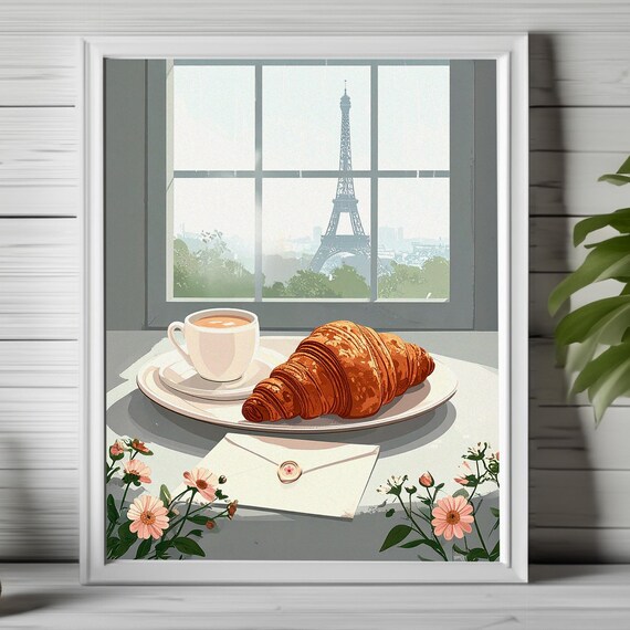 Paris Breakfast Art Croissant And Coffee Print Morning Soft Cute Wall Dreamy Decor 223