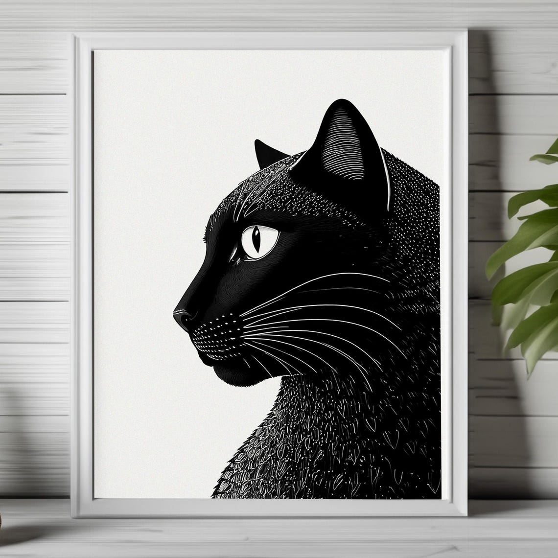 Sleek Black Cat Profile Monochrome Minimalist Portrait Poster - Image 3