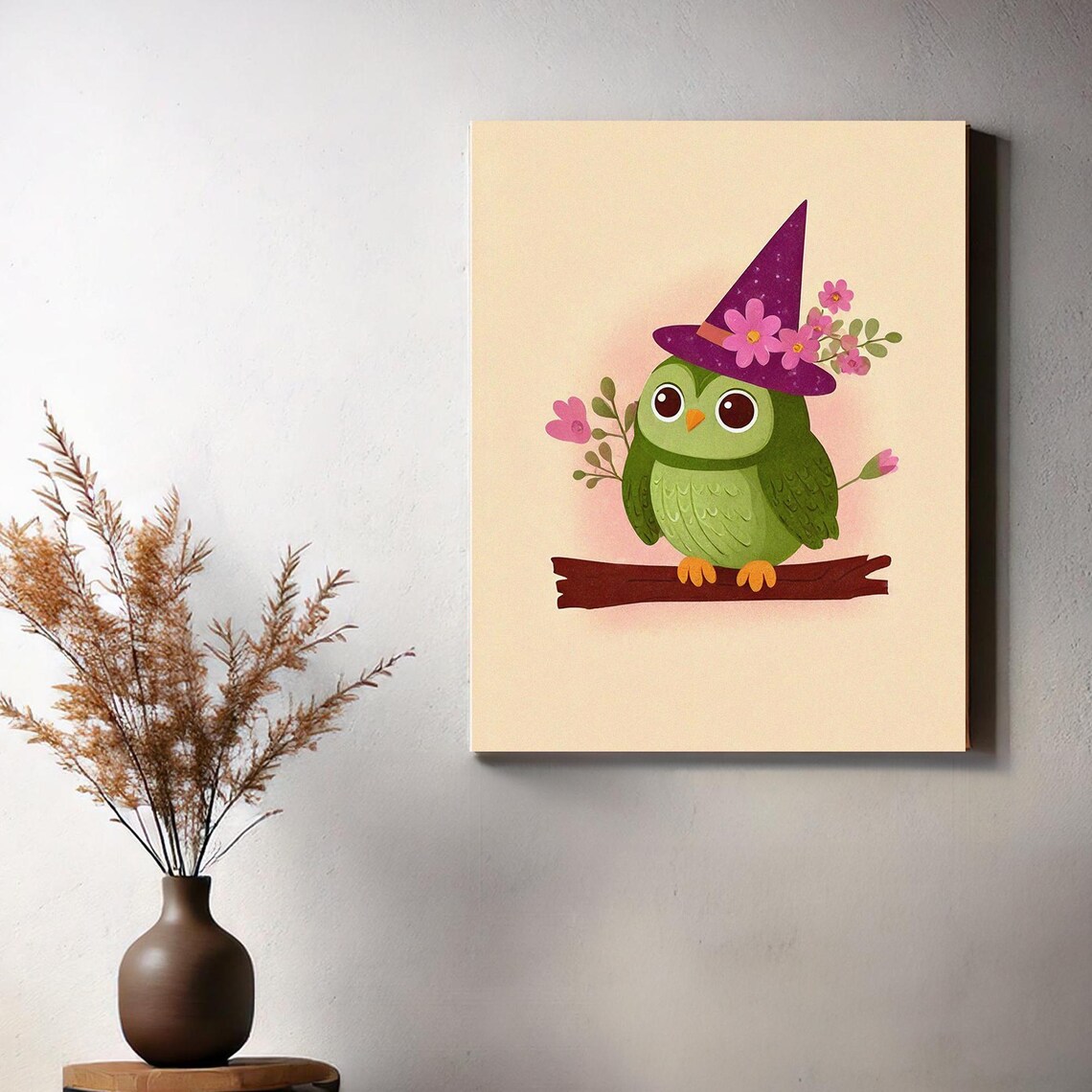 Cute Green Owl in Witch Hat with Flowers Kawaii Halloween Art Poster - Image 3