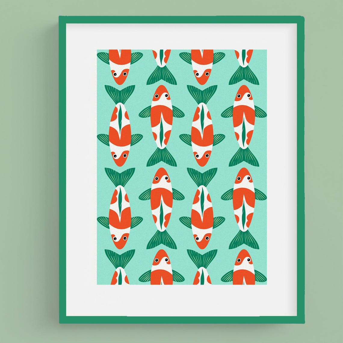 Retro Orange Koi Fish Repeating Pattern on Mint Green Poster - Image 2