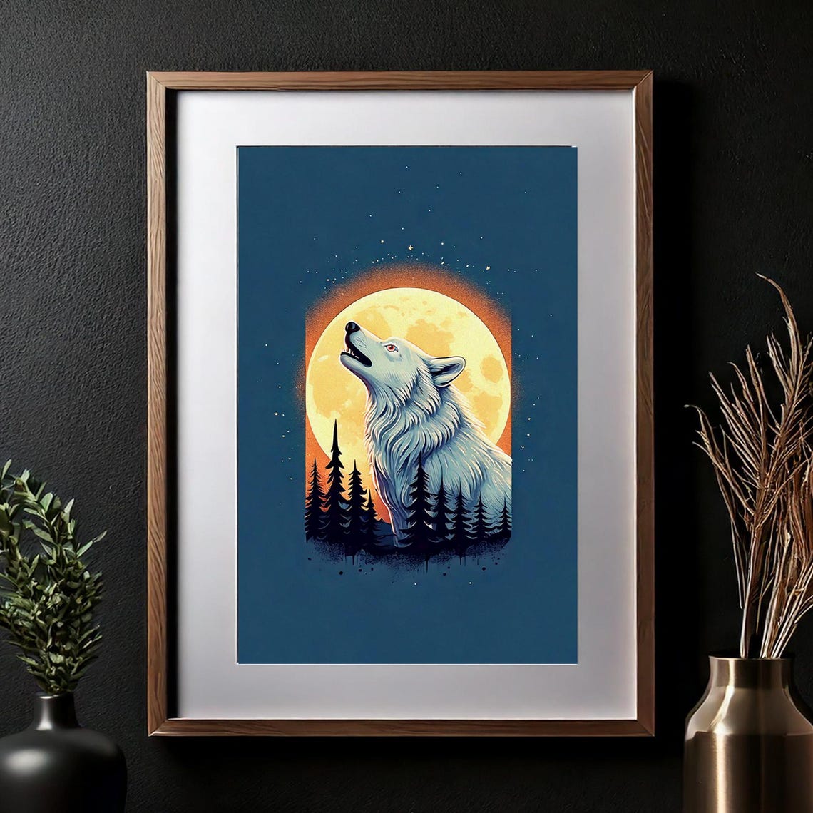 Howling Wolf under Full Moon Pine Forest Night Wildlife Art Poster - Image 2