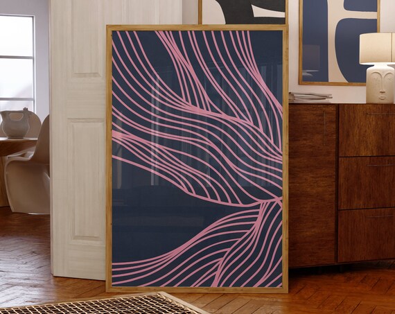 Navy Blue Pink Organic Wavy Lines Minimalist Abstract Wall Art