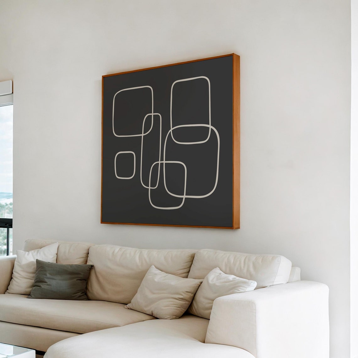 Black and White Midcentury Geometric Squares Abstract Art Poster