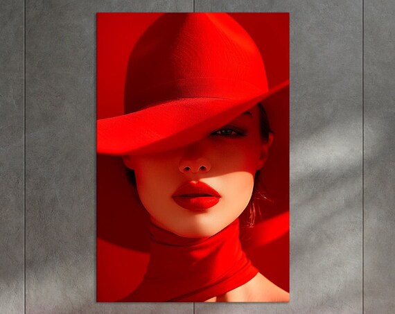 Woman in Red Hat Bold Fashion Portrait Dramatic Red Wall Art Poster