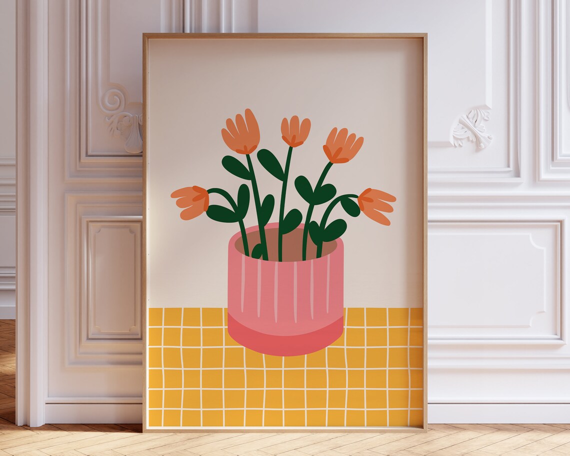 Flower Vase Print, Checkered Tulips Maximalist Decor - Image 3