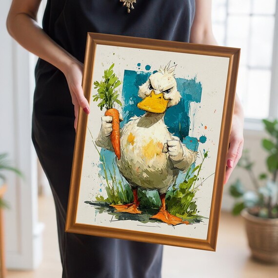Furious Duck With Carrot Art Gicle Print Funny Animal Poster Wood Framed Wall