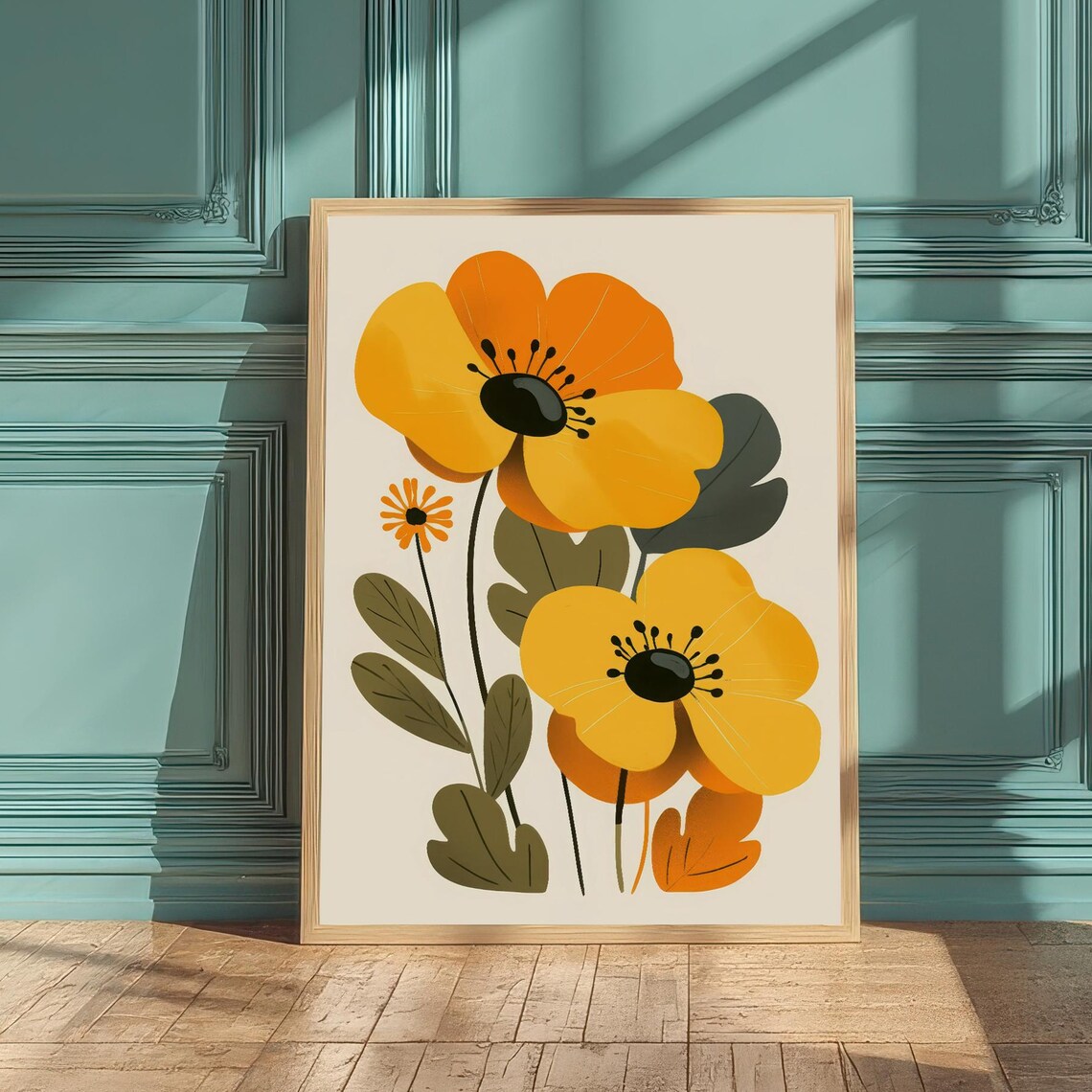 Cheerful Yellow Orange Poppies Midcentury Modern Floral Poster