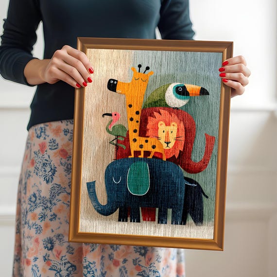 Jungle Animal Stack Print Giraffe Lion Elephant Toucan Wall Art Nursery Decor Wood Frame