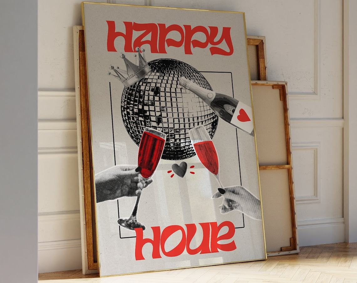 Happy Hour Retro Disco Ball Champagne Celebration Bar Cart Poster
