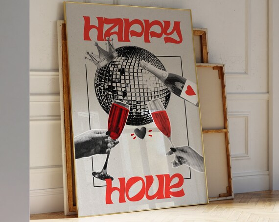Happy Hour Retro Disco Ball Champagne Celebration Bar Cart Poster