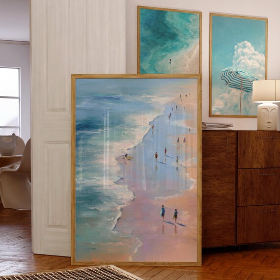 Beach Walk Painting with People Pastel Shoreline Coastal Wall Poster