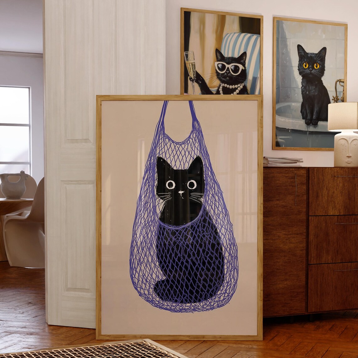 Funny Cat Wall Print, Quirky Minimal Black Art