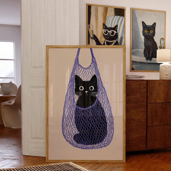 Funny Cat Wall Print, Quirky Minimal Black Art
