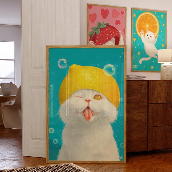 Funny Lemon Hat White Cat Art Print Whimsical Animal Wall Cute Playful Kitten Kawaii