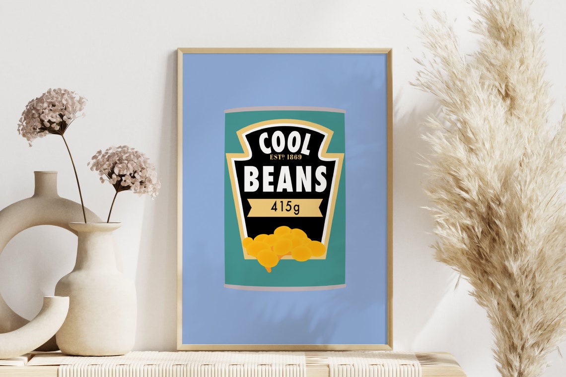 Cool Beans Retro Tin Can Pop Art Blue Kitchen Pun Wall Poster