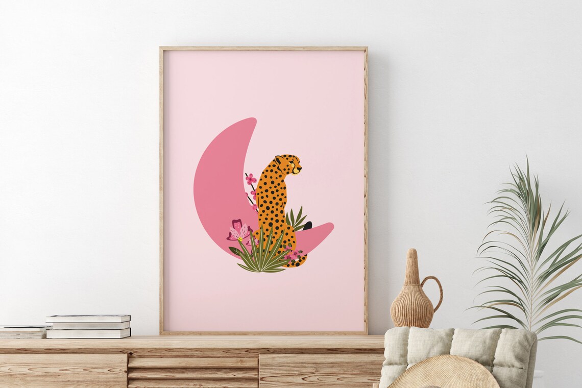 Pink Leopard Boho Moon Art Print
