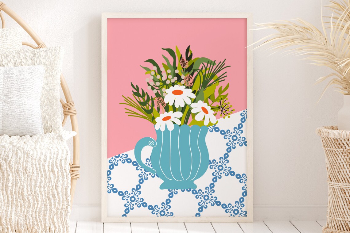 Daisy Pink Flower Boho Abstract Art Print