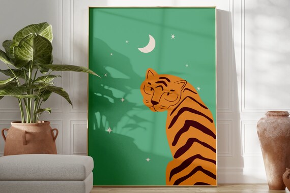 Green Tiger and Moon Boho Jungle Animal Art Print