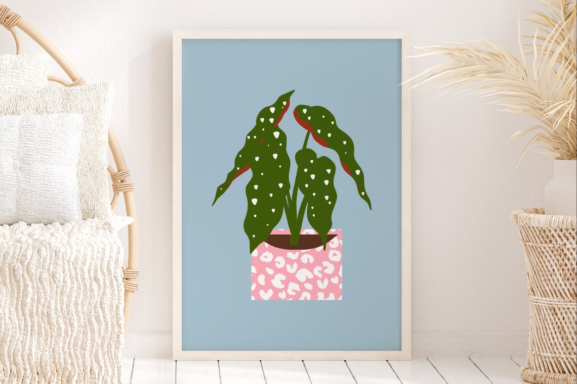 Spotted Leaf Houseplant Pink Leopard Pot Blue Botanical Poster