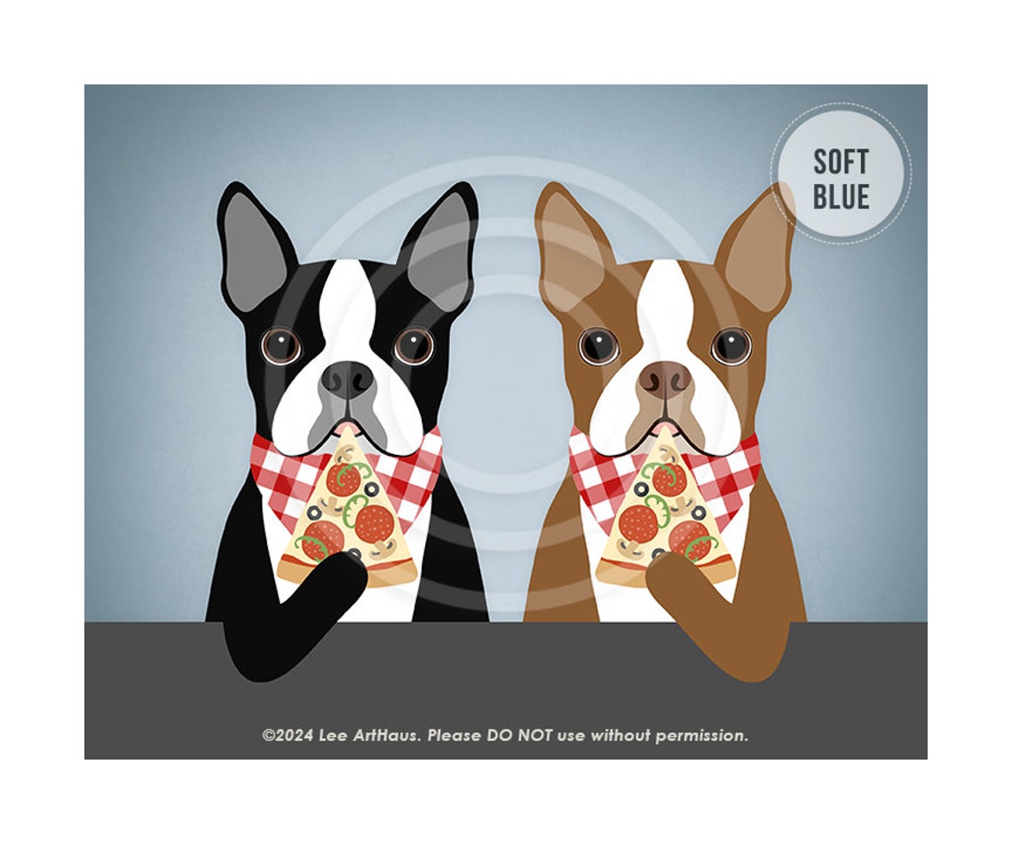 Two Boston Terriers Eating Pizza With Checkered Bibs Dog Art Poster - Image 3