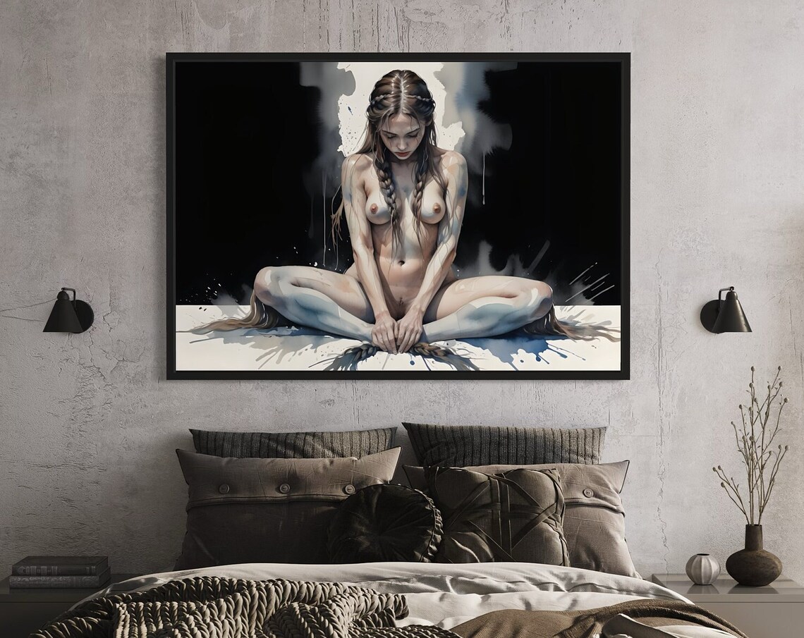 Elegant Seated Nude Woman Meditative Watercolor Figure Poster