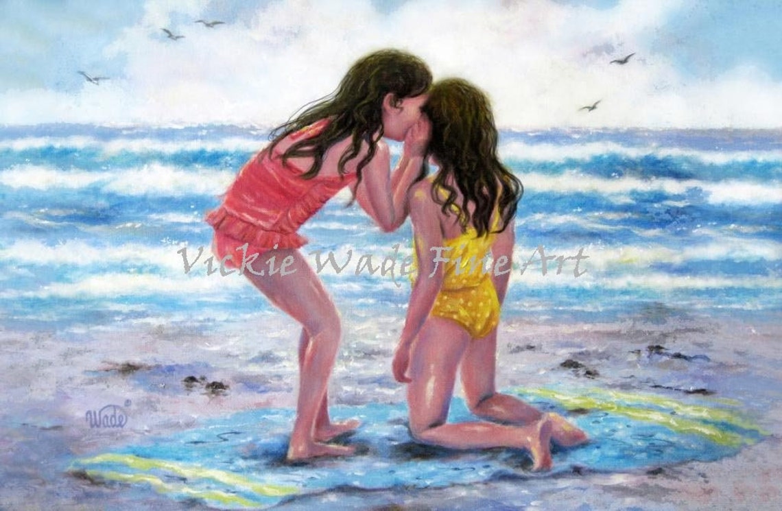 Two Sisters Whispering Secrets On The Beach Ocean Wave Poster