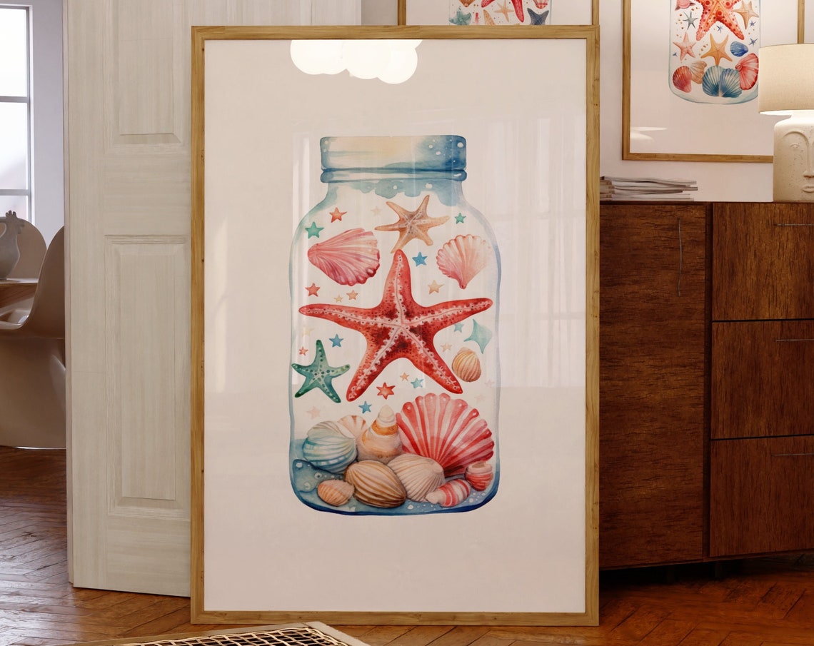 Watercolor Seashell Jar with Red Starfish Coastal Beach Wall Art