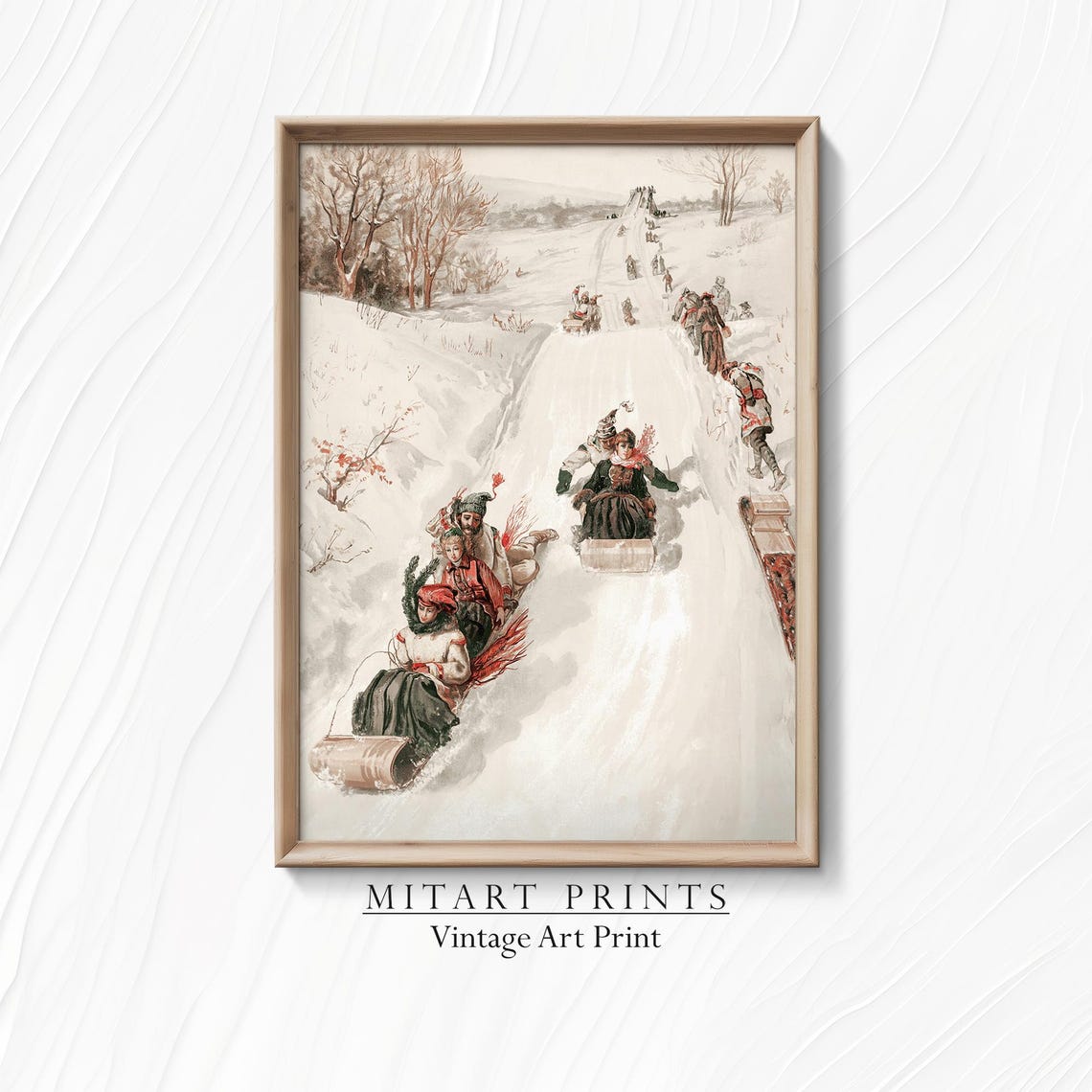Vintage Sledding Scene Children Racing Down a Snowy Hill Art Print