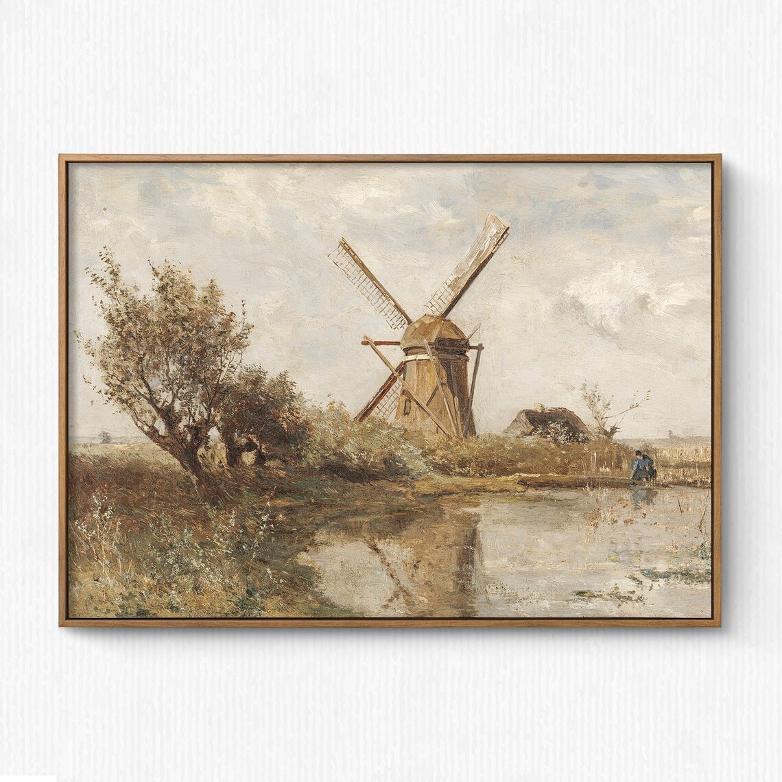 Dutch Windmill Landscape Painting, Vintage Holland Art Print