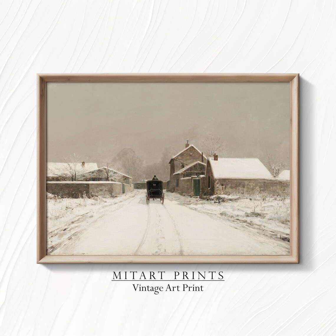 Snowy Village Road With Horse Drawn Carriage Vintage Winter Art Print