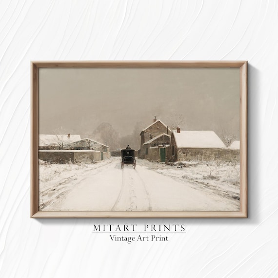 Snowy Village Road With Horse Drawn Carriage Vintage Winter Art Print