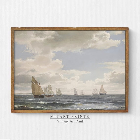 Vintage Seascape Painting, Antique Ship Poster