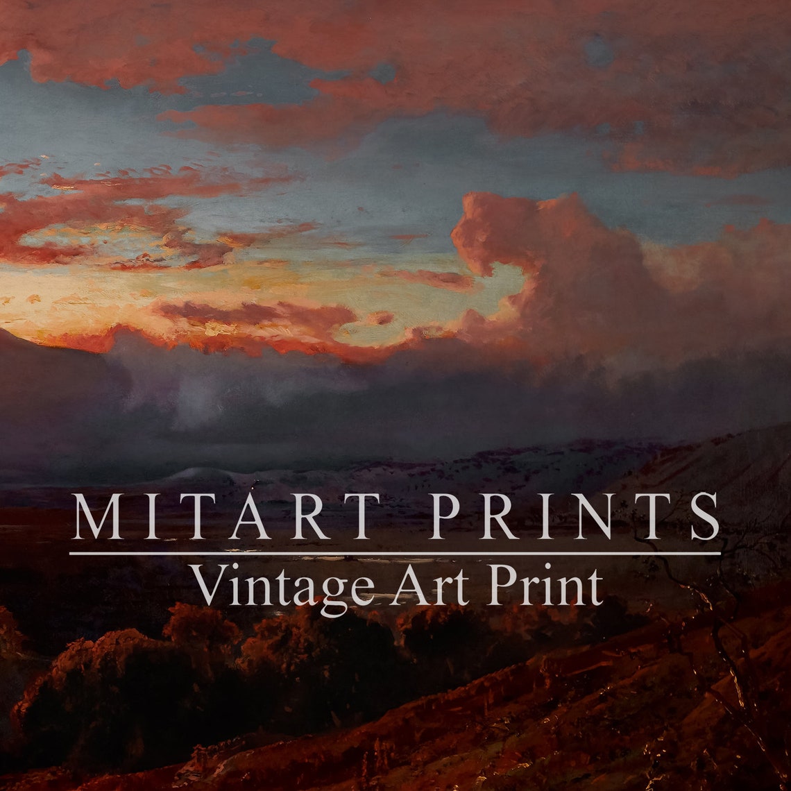 Vintage Dramatic Red Sunset Over Mountain Valley Oil Painting Poster - Image 2