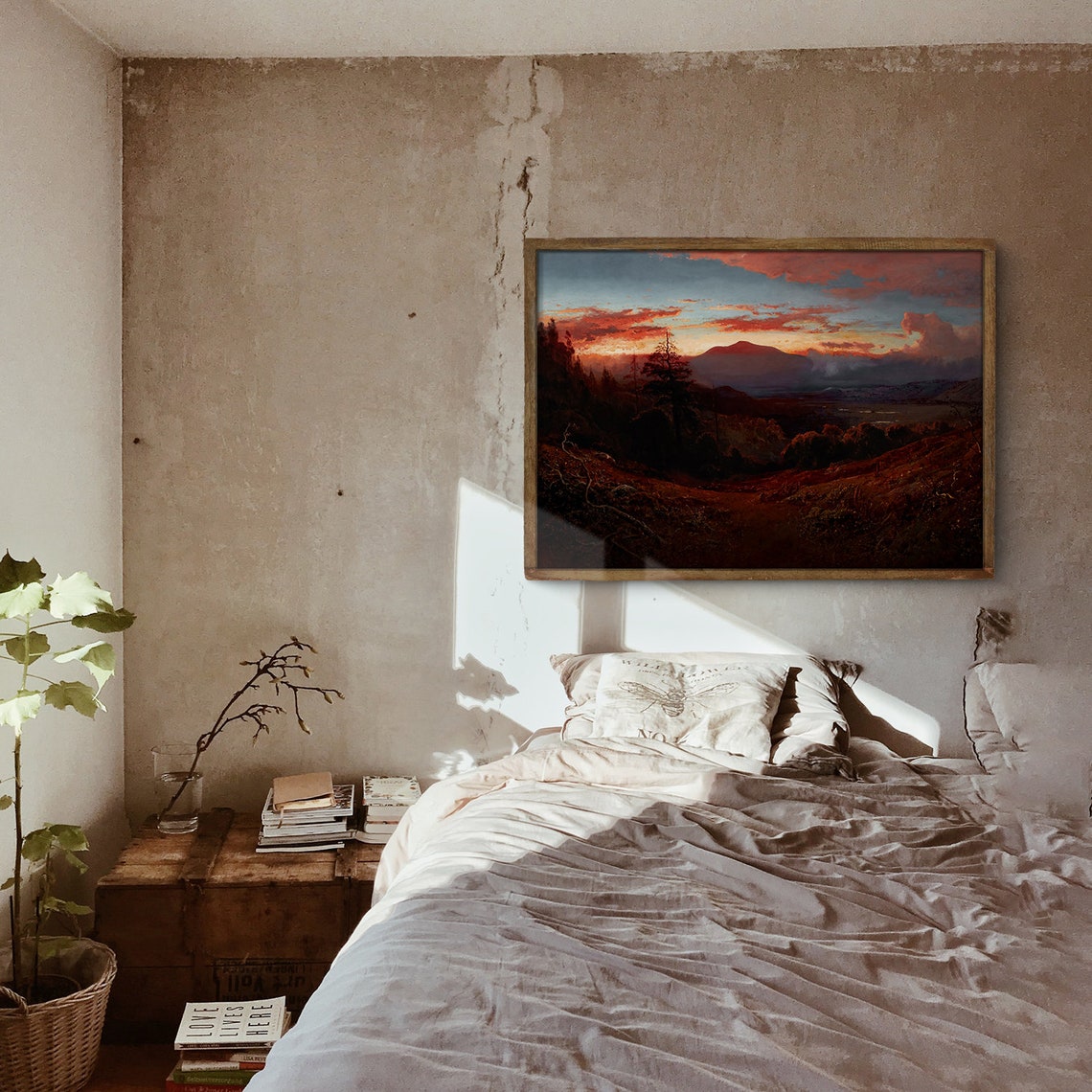 Vintage Dramatic Red Sunset Over Mountain Valley Oil Painting Poster - Image 4