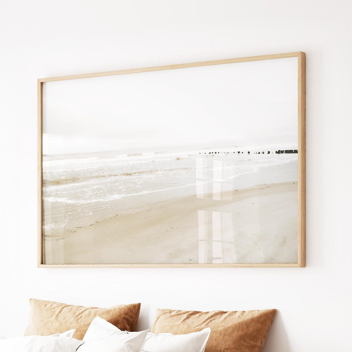 Serene Neutral Ocean Waves Minimalist Beach Landscape Photo Poster
