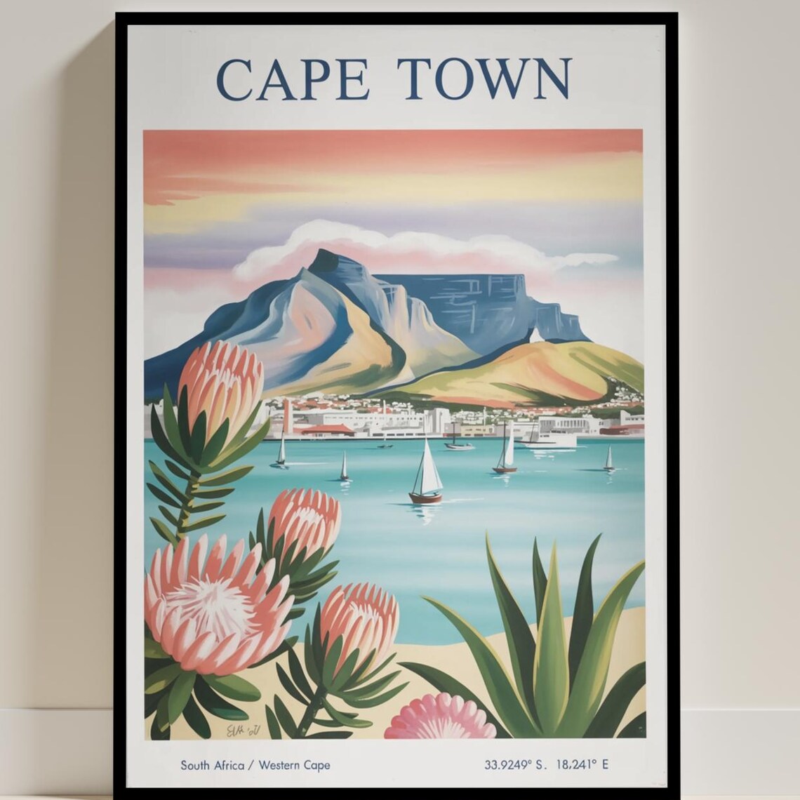Cape Town Travel Poster, Table Mountain Vintage Style