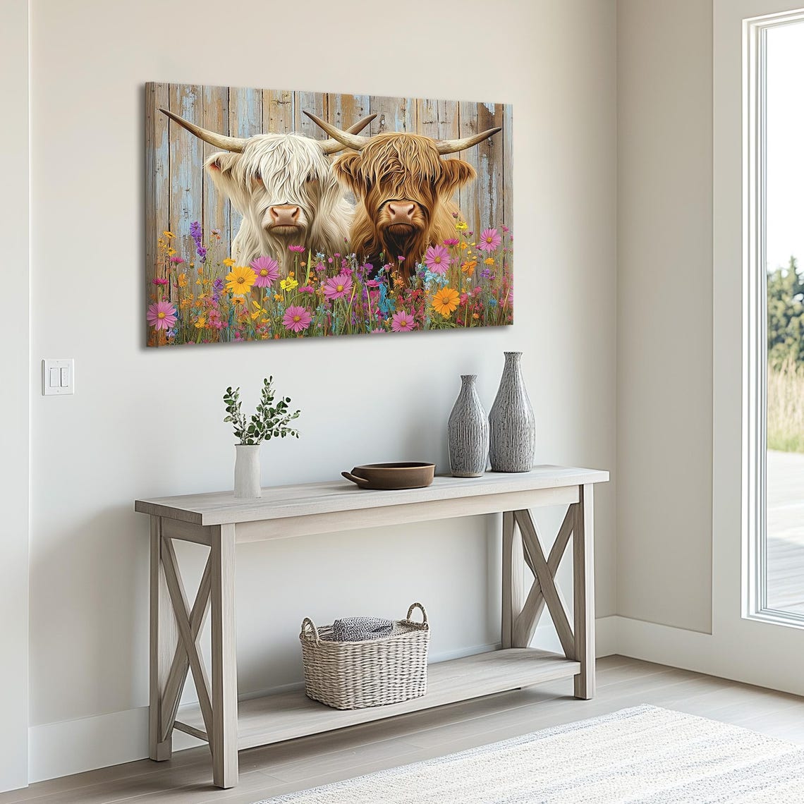 Two Highland Cows Among Colorful Wildflower Meadow Rustic Poster - Image 2