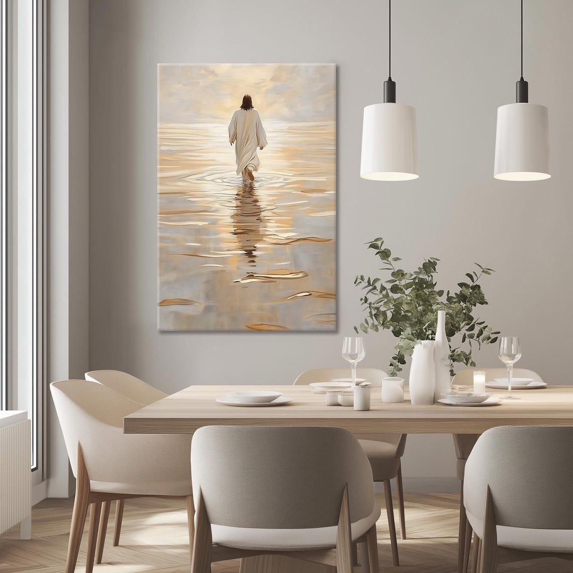 Jesus Christ Walking Away On Golden Water At Bright Sunrise Poster - Image 3