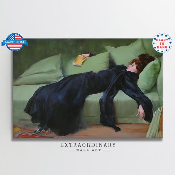 Decadent Young Woman Portrait Painting Emerald Green Vintage Wall Art Moody Dark Academia Art Print Victorian Woman After Dance Wall Decor
