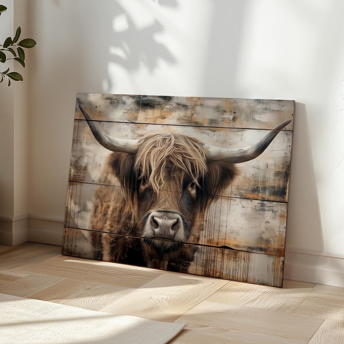 Highland Cow Portrait On Weathered Wood Planks Farmhouse Poster - Image 5