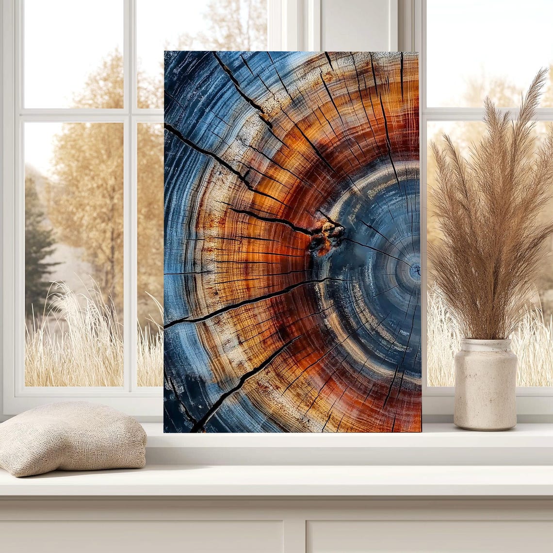 Colorful Tree Ring Cross Section Abstract Blue And Rust Wall Art