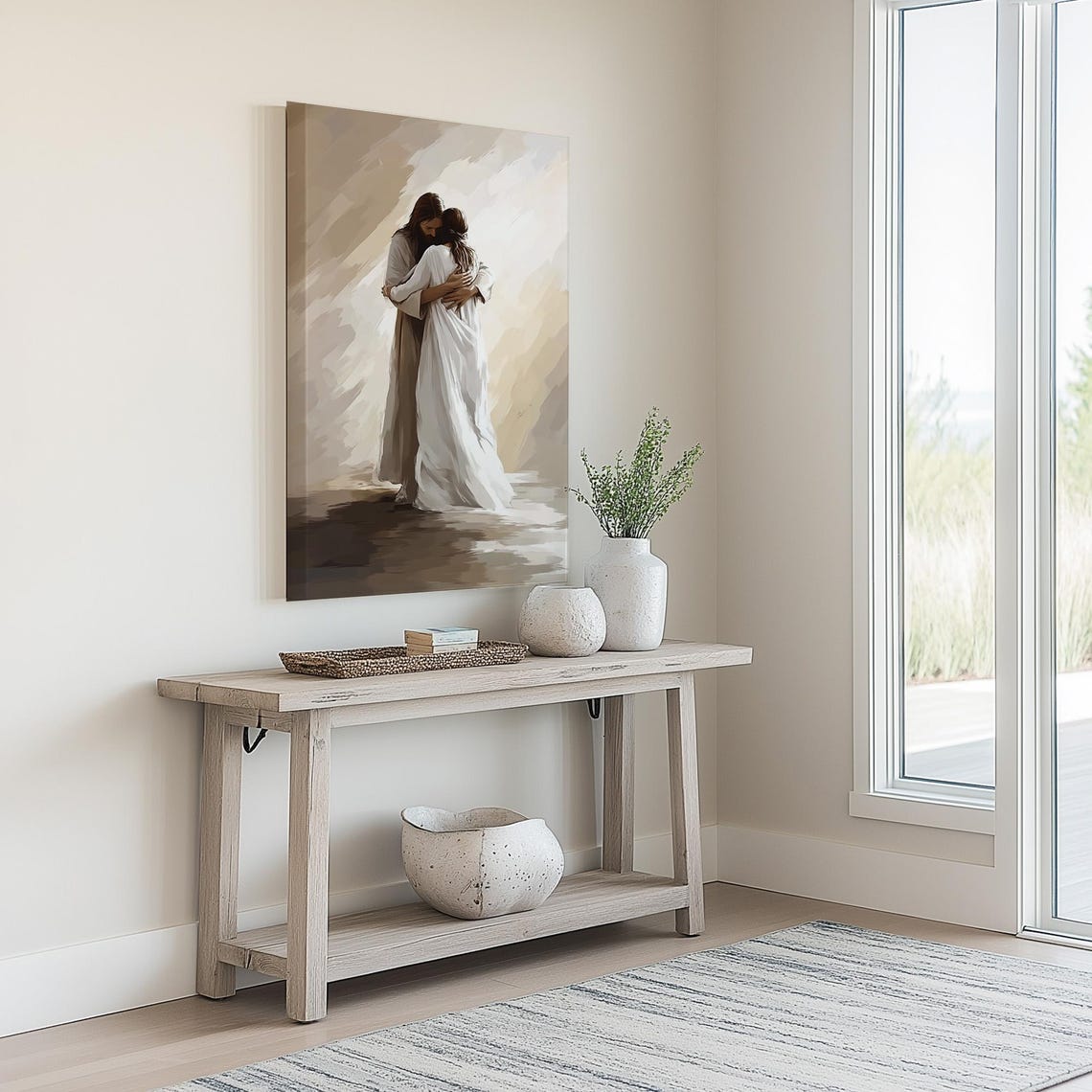 Jesus Embracing Woman In Soft Beige Watercolor Brushwork Poster - Image 2
